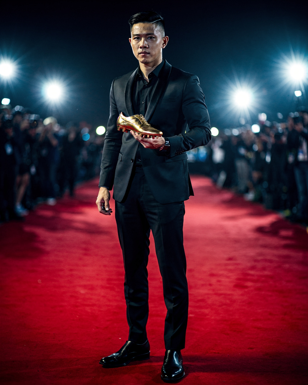 Kaden on the red carpet with a golden boot trophy