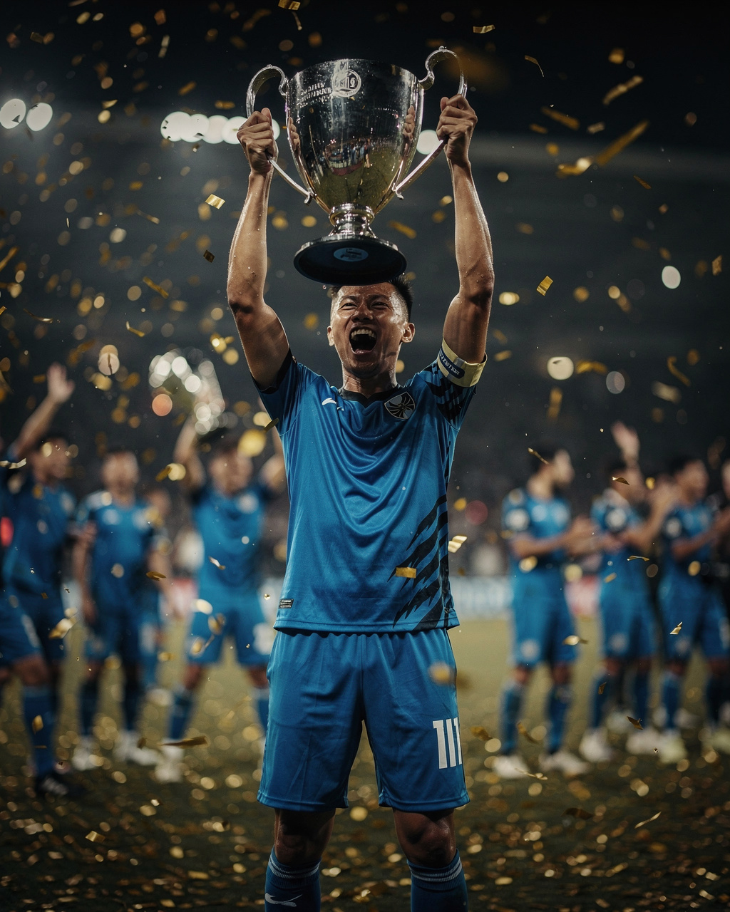 Lifting the league trophy in gold ticker-tape