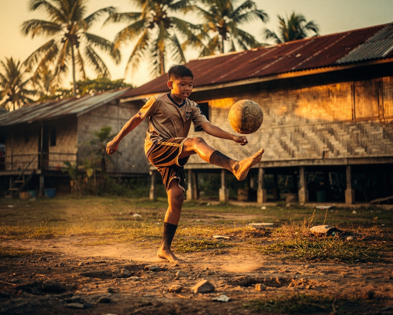 A boy playing barefoot football in a kampung yard
